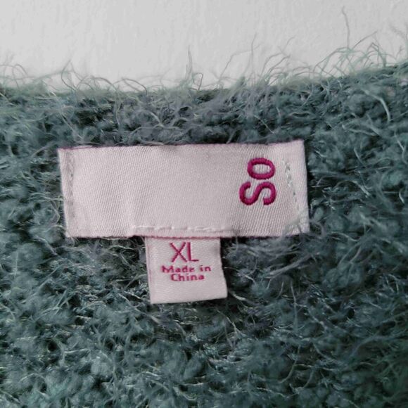 SO Green White Striped Fuzzy Knit V Neck Pullover Sweater Long Sleeves Size XL - Picture 3 of 7